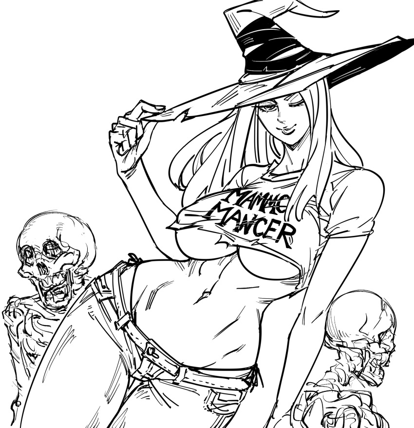 1girl bb_(baalbuddy) breasts closed_mouth crop_top denim dragon's_crown dutch_angle english_text fingernails greyscale hat head_tilt highres jeans large_breasts long_hair looking_at_viewer midriff monochrome navel one_eye_closed pants short_sleeves simple_background smile solo sorceress_(dragon's_crown) thigh_gap under_boob white_background wide_hips witch_hat