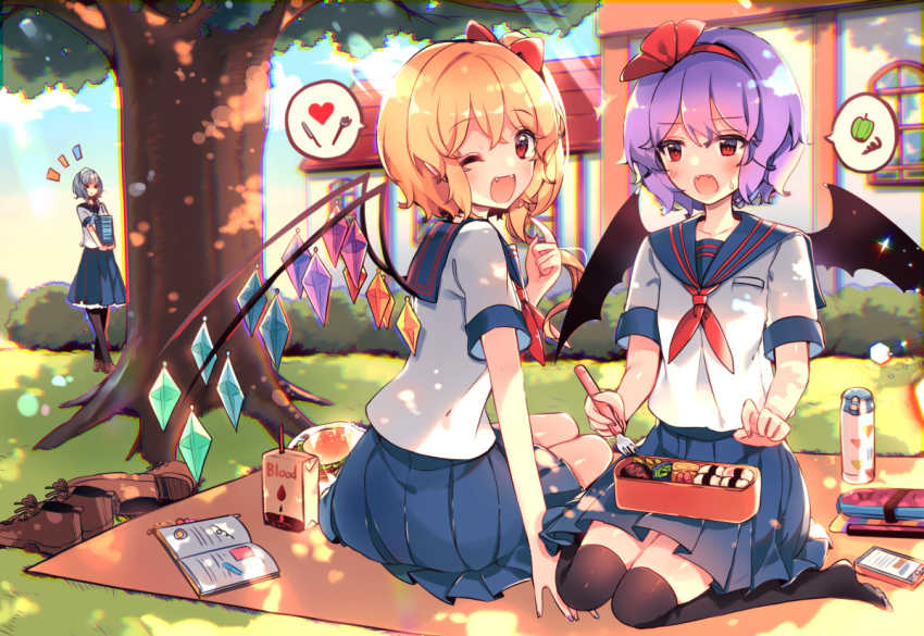 /\/\/\ 3girls ;d alternate_costume bangs bat_wings black_legwear blonde_hair blue_sailor_collar blue_skirt book bow brown_footwear building bush carrying cellphone crystal dappled_sunlight day eyebrows_visible_through_hair fang flandre_scarlet food fork full_body hair_bow hair_ribbon hairband hamburger heart holding holding_fork izayoi_sakuya kirero light_rays looking_at_viewer looking_back medium_skirt multiple_girls neckerchief obentou one_eye_closed open_book open_mouth outdoors pantyhose pencil_case phone pleated_skirt pointing pointing_at_self purple_hair red_bow red_eyes red_hairband red_neckwear red_ribbon remilia_scarlet ribbon sailor_collar school_uniform serafuku shirt shoes_removed short_hair short_sleeves side_ponytail sidelocks silver_hair sitting skirt smartphone smile spoken_food spoken_heart spoken_object sunbeam sunlight sweat thermos thigh-highs touhou tree wariza white_shirt wings yokozuwari zettai_ryouiki