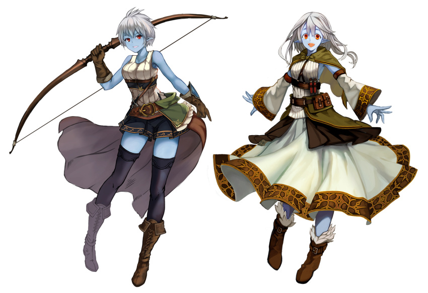 2girls :d bare_shoulders belt belt_pouch blue_skin boots bow_(weapon) brown_gloves capelet commentary_request detached_sleeves dress fantasy full_body fur_trim gloves highres long_hair looking_at_viewer multiple_girls open_mouth original pointy_ears pouch red_eyes short_hair shorts smile thigh-highs upper_teeth vial waist_cape weapon white_background white_hair wide_sleeves yanagisawa_(medakokoro)