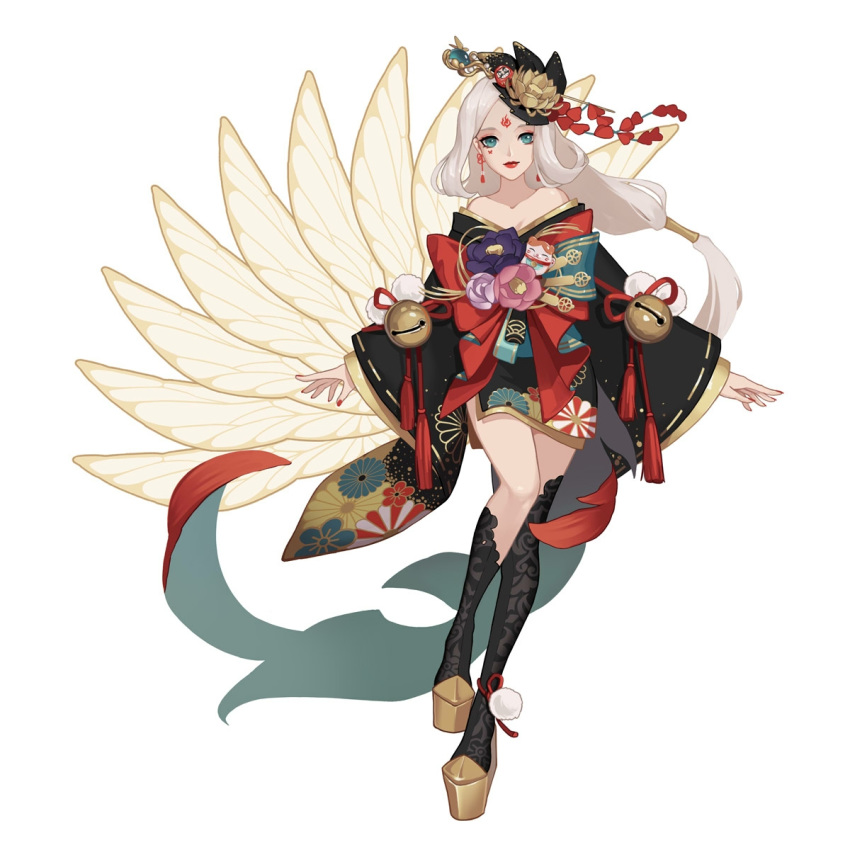 1girl aqua_eyes bell black_legwear chinese_commentary commentary_request earrings facial_mark forehead_mark full_body highres japanese_clothes jewelry kimono lips long_hair looking_at_viewer off_shoulder onmyoji platform_footwear red_lips red_nails shiliuye_peekaboo shiranui_(onmyoji) simple_background solo white_background white_hair