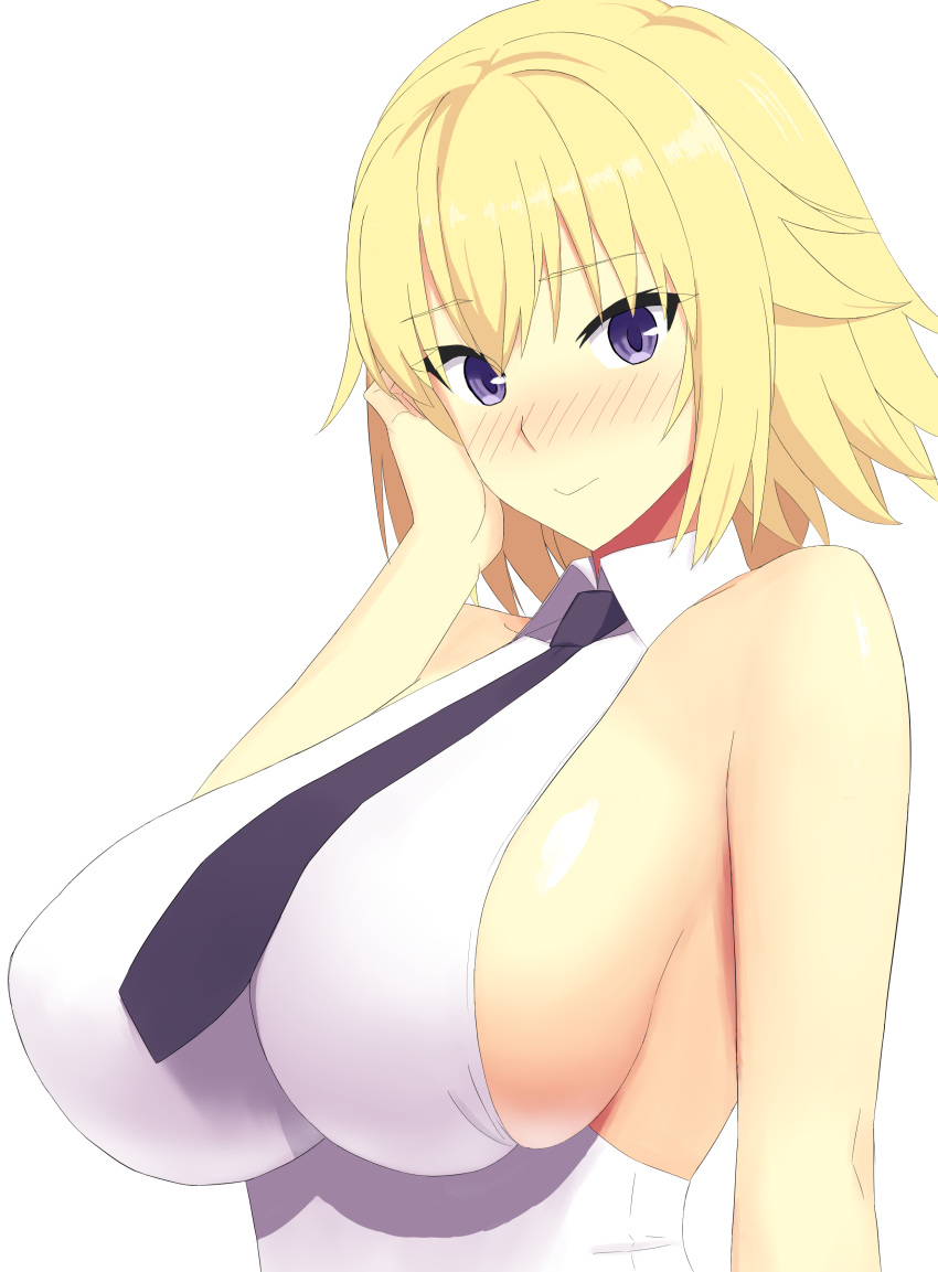 1girl absurdres bangs bare_arms bare_shoulders blonde_hair blush breasts closed_mouth collared_shirt eyebrows_visible_through_hair fate/grand_order fate_(series) hand_on_own_cheek highres jeanne_d'arc_(fate) jeanne_d'arc_(fate)_(all) large_breasts necktie nose_blush purple_neckwear reyomi_(reyomi9) shirt short_hair sideboob simple_background skindentation sleeveless sleeveless_shirt smile solo upper_body violet_eyes white_background white_shirt