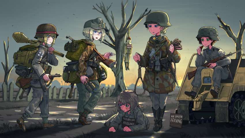 1boy 5girls backpack bag bare_tree bird blue_eyes boots brown_hair cigarette commentary corpse dirty_face eating erica_(naze1940) fence german_text green_eyes gun hat helmet highres holding holding_grenade holding_gun holding_weapon long_hair military military_hat military_uniform multiple_girls noose original outdoors ponytail short_hair sitting tree uniform vehicle weapon world_war_ii