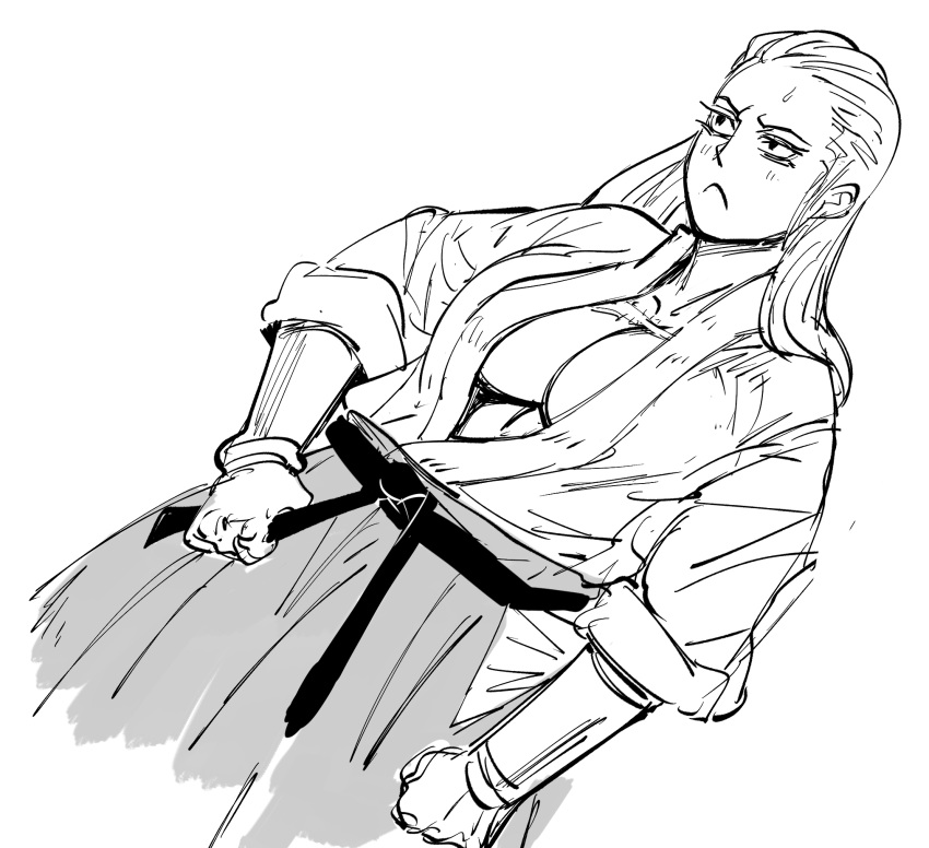 1girl bb_(baalbuddy) belt blush breasts closed_mouth cowboy_shot dutch_angle fatal_fury geese_howard genderswap genderswap_(mtf) greyscale hair_slicked_back highres large_breasts long_hair long_sleeves monochrome simple_background snk solo sweatdrop the_king_of_fighters white_background