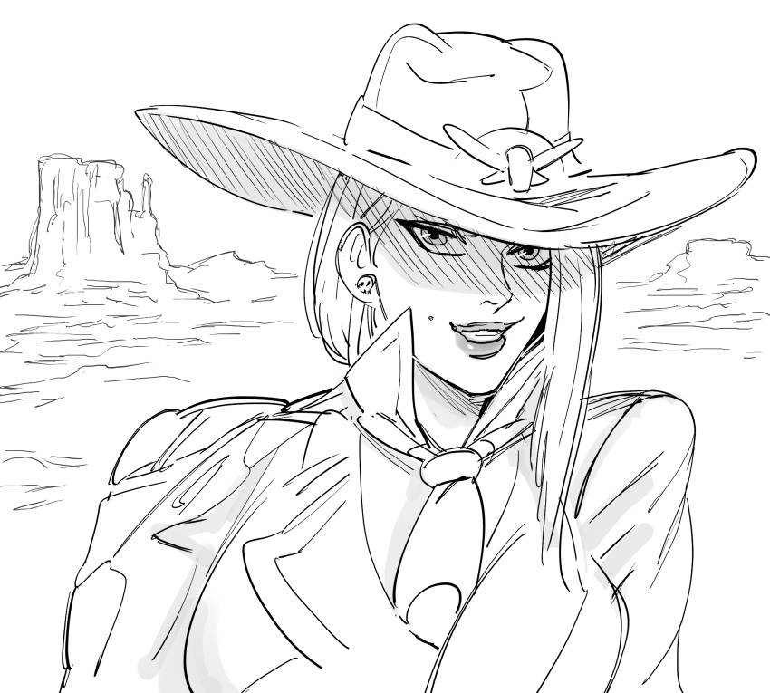 1girl ashe_(overwatch) asymmetrical_hair bb_(baalbuddy) between_breasts breasts cowboy_hat earrings greyscale hat highres jacket jewelry lipstick looking_at_viewer makeup mole mole_under_mouth monochrome necktie necktie_between_breasts overwatch parted_lips shaded_face smile solo upper_body