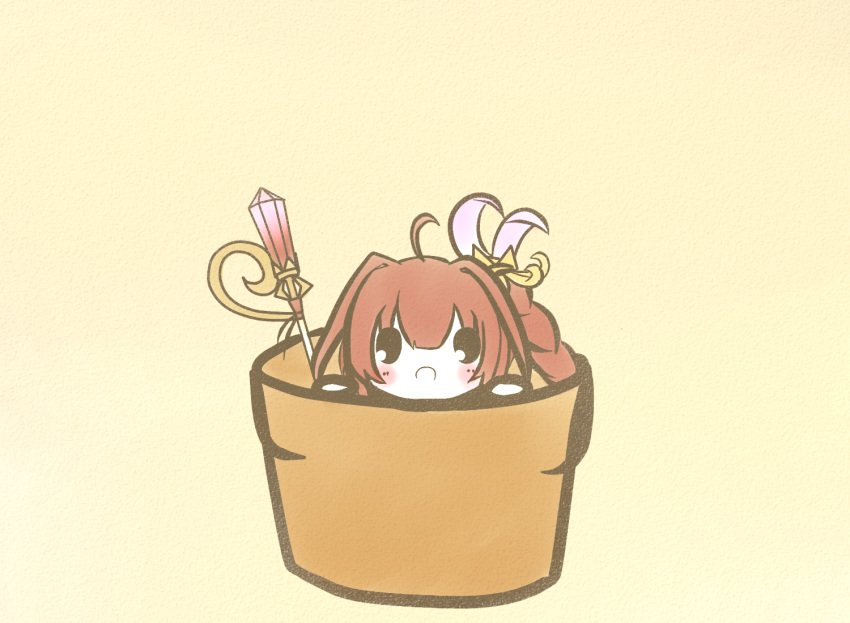 1girl ahoge beige_background blush chibi commentary_request flower_knight_girl flower_pot holding holding_wand in_container koti looking_at_viewer open_mouth pachira_(flower_knight_girl) partial_commentary redhead solid_oval_eyes solo wand