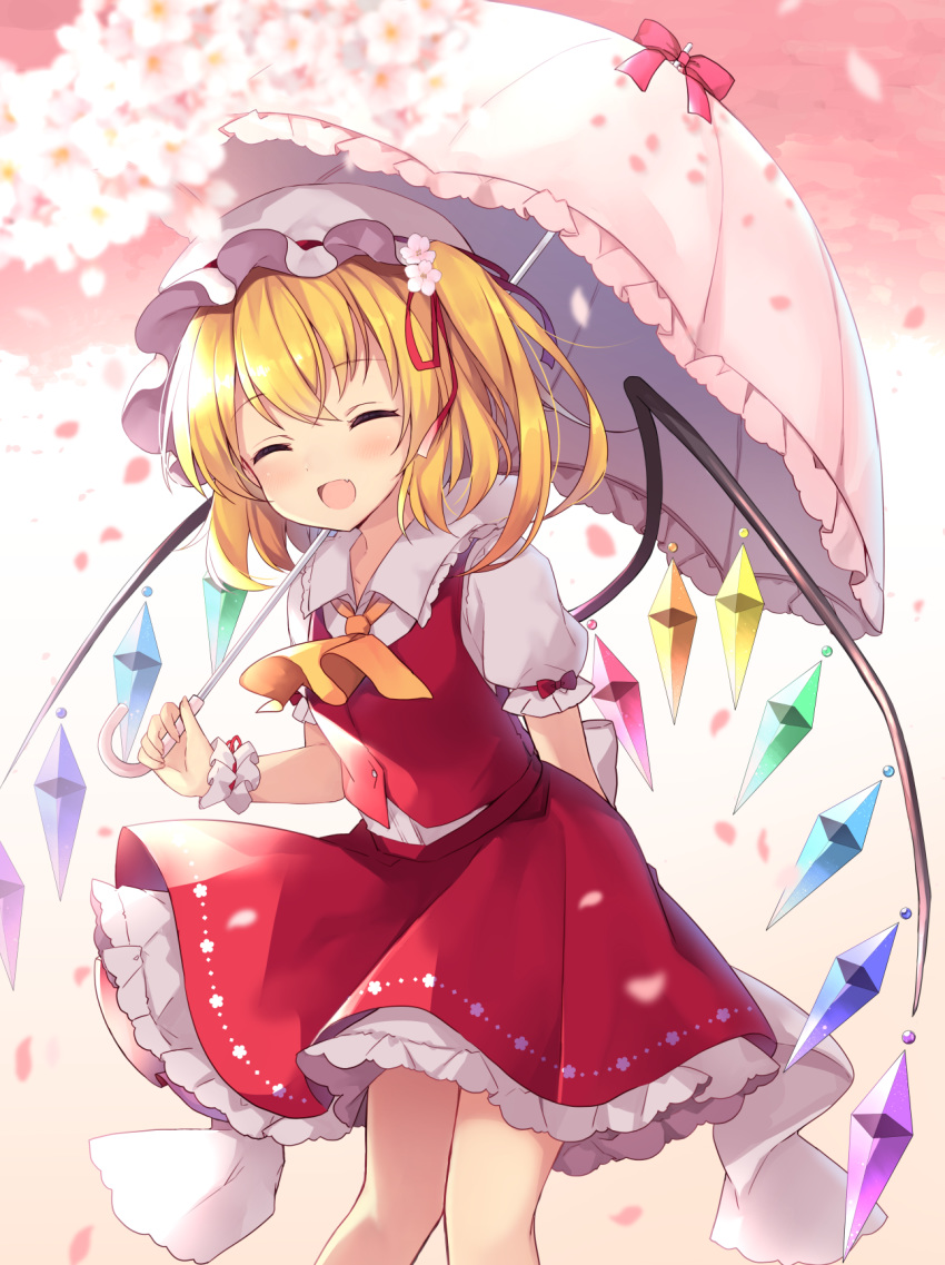 1girl :d ascot bangs blonde_hair blush closed_eyes commentary_request crystal eyebrows_visible_through_hair fang feet_out_of_frame flandre_scarlet flower frilled_shirt_collar frilled_umbrella frills hair_flower hair_ornament hat highres holding holding_umbrella medium_hair mob_cap one_side_up open_mouth petals puffy_short_sleeves puffy_sleeves red_ribbon red_skirt red_vest ribbon ruhika shirt short_sleeves skirt skirt_set smile solo standing touhou umbrella vest white_headwear white_shirt wings wrist_cuffs yellow_neckwear