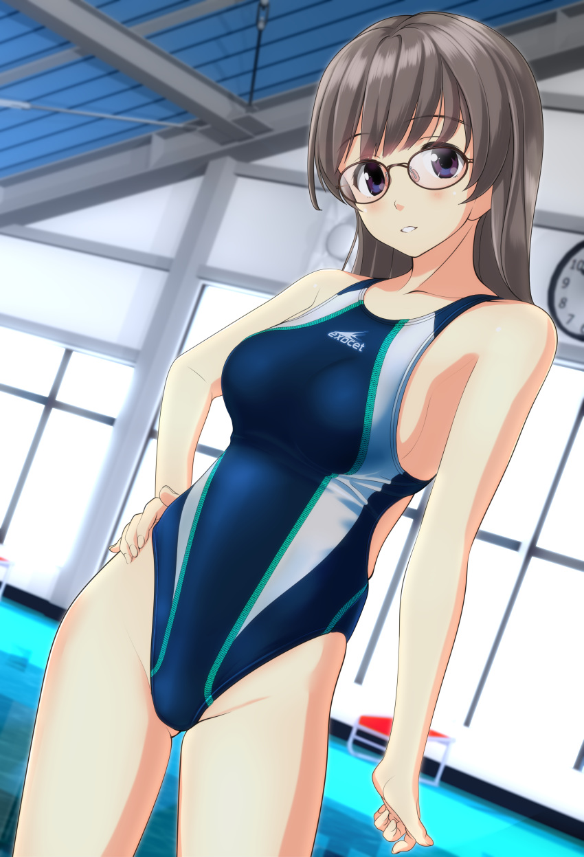 1girl absurdres black_eyes black_hair blue_swimsuit breasts clock collarbone commentary_request competition_swimsuit contrapposto cowboy_shot dutch_angle glasses highres indoors long_hair looking_at_viewer medium_breasts one-piece_swimsuit original pool rooftop solo standing swimsuit takafumi window