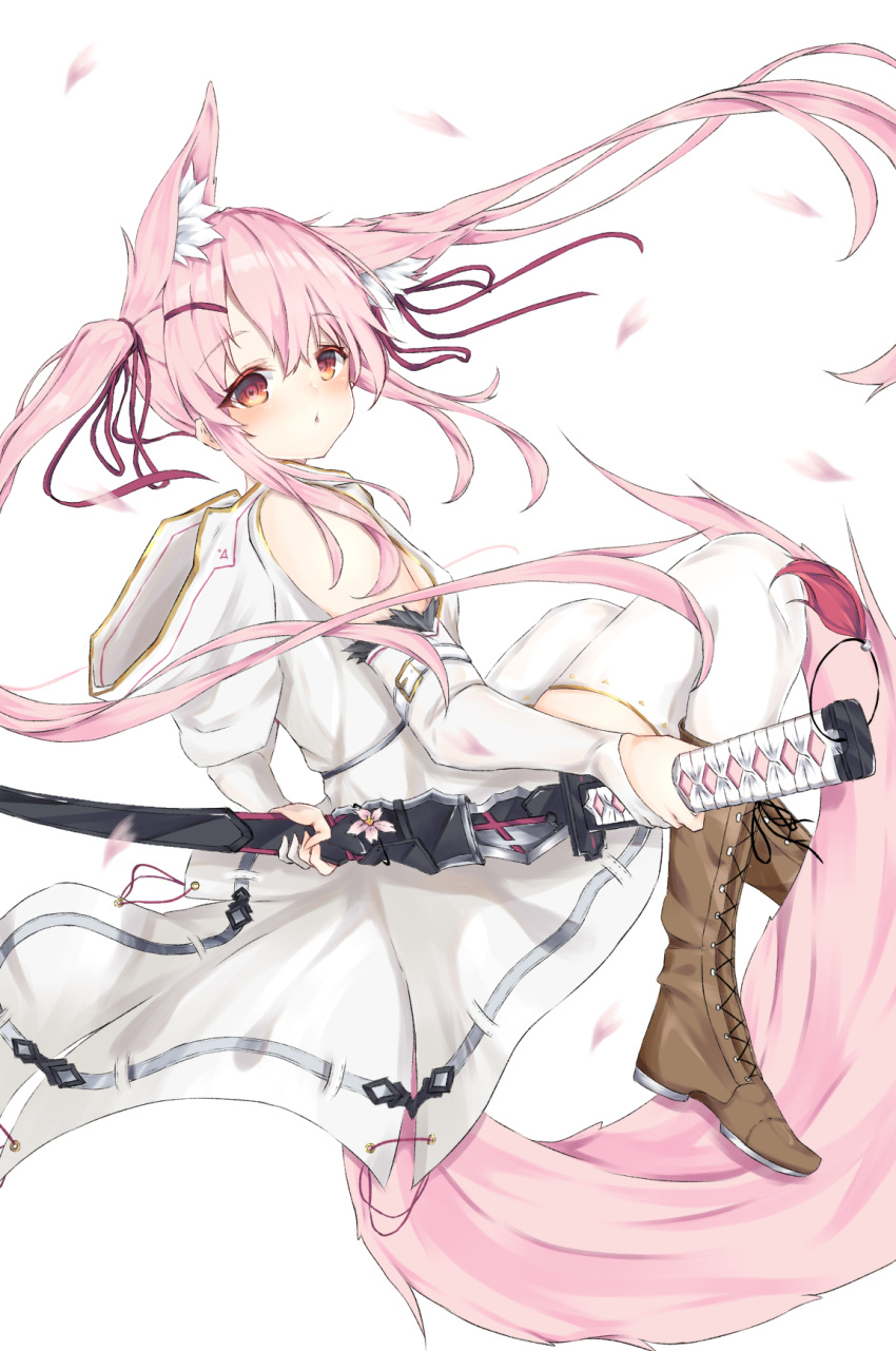1girl animal_ear_fluff animal_ears arm_belt bangs bare_shoulders blush boots brown_footwear commentary_request cross-laced_footwear elbow_gloves eyebrows_visible_through_hair fox_ears fox_girl fox_tail full_body gloves hair_between_eyes hair_ornament hair_ribbon hairclip highres holding holding_sword holding_weapon hood hood_down hooded_jacket jacket konotuki lace-up_boots long_hair looking_at_viewer looking_back original parted_lips partly_fingerless_gloves petals pink_hair red_eyes red_ribbon ribbon sleeveless sleeveless_jacket solo sword tail thigh-highs thighhighs_under_boots twintails very_long_hair weapon white_background white_gloves white_jacket white_legwear