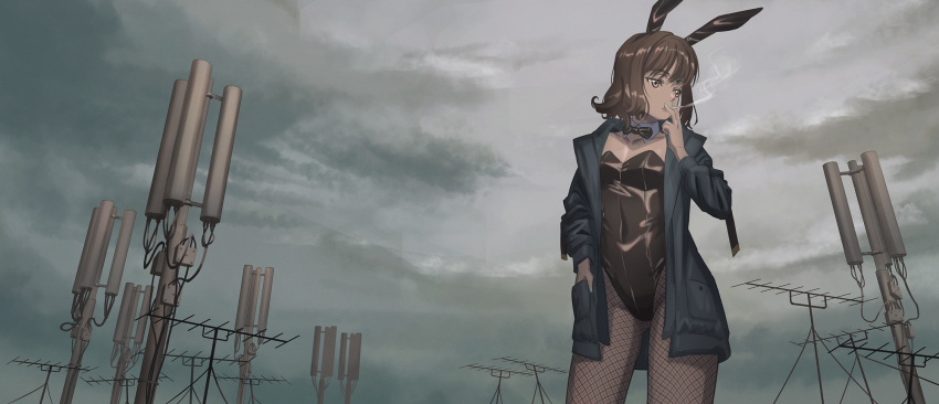 1girl animal_ears antennae bangs black_leotard black_neckwear blue_jacket bow bowtie breasts brown_eyes brown_hair bunnysuit cigarette clouds cloudy_sky collar commentary_request detached_collar eyebrows_visible_through_hair fishnet_legwear fishnets green_nails highres hironii_(hirofactory) jacket leotard long_sleeves looking_away looking_to_the_side mouth_hold nail_polish open_clothes open_jacket original outdoors pantyhose rabbit_ears radio_antenna sky small_breasts smoke smoking solo strapless strapless_leotard white_collar wing_collar