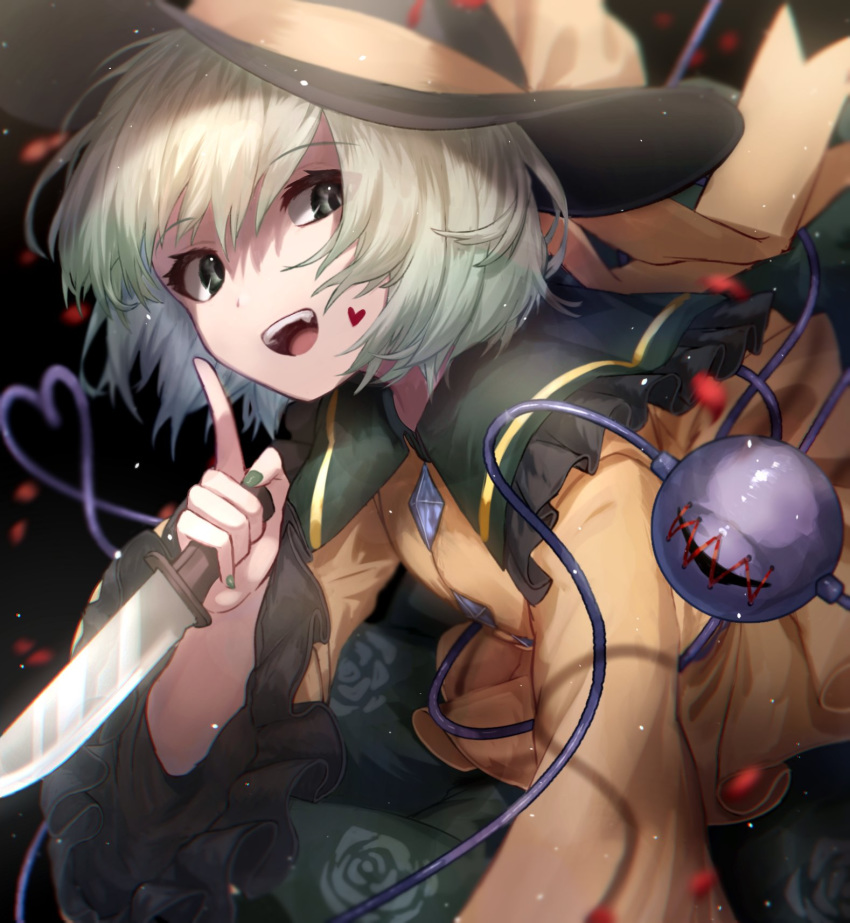 1girl :d black_background black_headwear blurry bow buttons collared_shirt depth_of_field diamond_(shape) eyeball finger_to_mouth floral_print frilled_sleeves frills green_eyes green_hair green_nails hand_up hat hat_ribbon heart heart_of_string highres holding holding_knife knife komeiji_koishi leaning_forward light_particles long_sleeves looking_at_viewer mozuno_(mozya_7) open_mouth ribbon shadow shiny shirt short_hair skirt smile solo stitches third_eye touhou wide_sleeves yellow_ribbon yellow_shirt