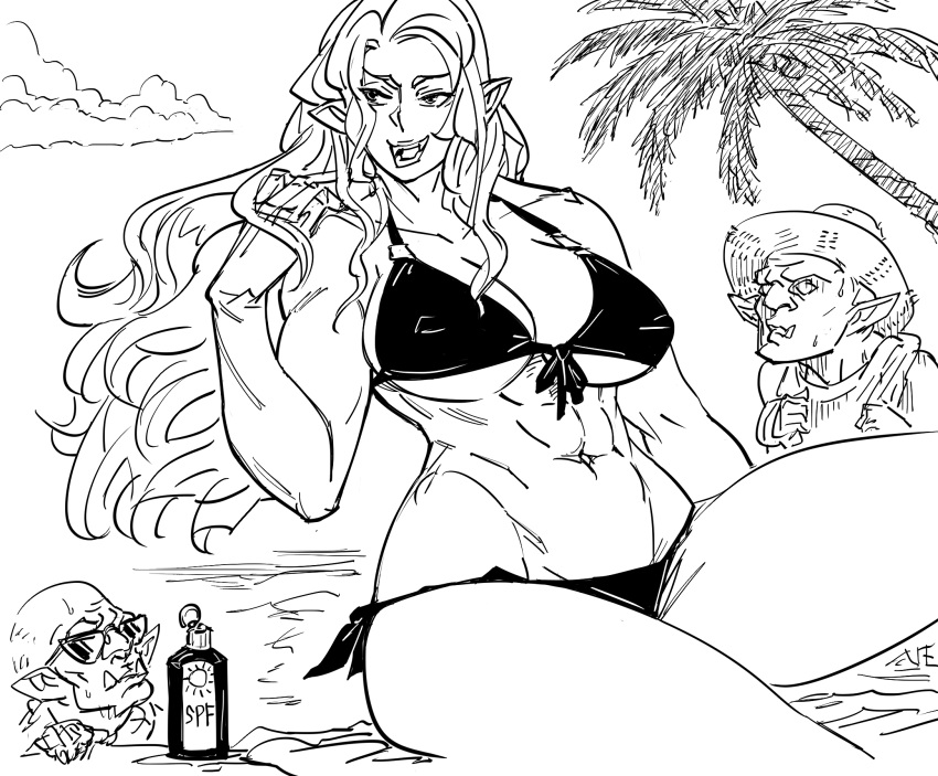 1girl 2boys :d bb_(baalbuddy) beach bikini breasts clouds day fangs floating_hair goblin greyscale hand_up highres huge_breasts large_breasts long_hair monochrome multiple_boys navel open_mouth orc original outdoors palm_tree pointy_ears side-tie_bikini sitting smile swimsuit tree