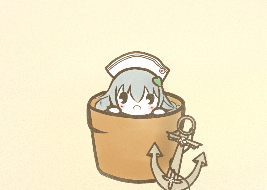 1girl anchor beige_background blush chibi flower_knight_girl flower_pot grey_hair hair_ornament hat heart heart_hair_ornament ikarisou_(flower_knight_girl) in_container koti looking_at_viewer open_mouth sailor_hat solid_oval_eyes solo