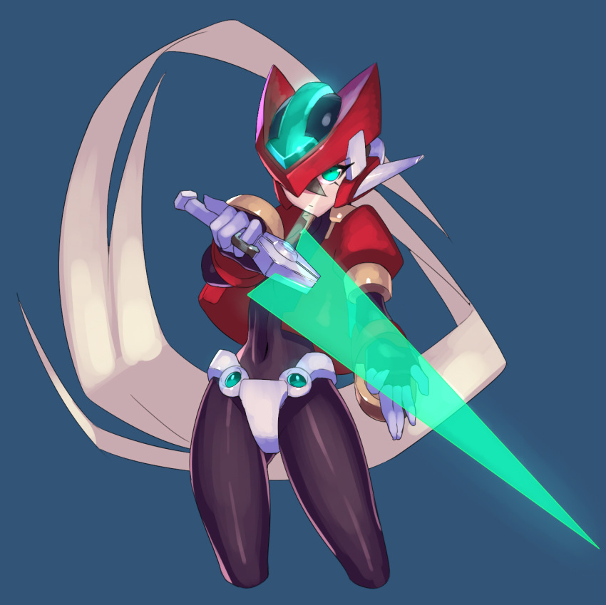 android blonde_hair bodystocking bodysuit closed_mouth energy_sword gloves green_eyes helmet highres holding holding_weapon long_hair looking_at_viewer model_zx ponytail protected_link rockman rockman_zx simple_background solo spandex sword ukimukai weapon