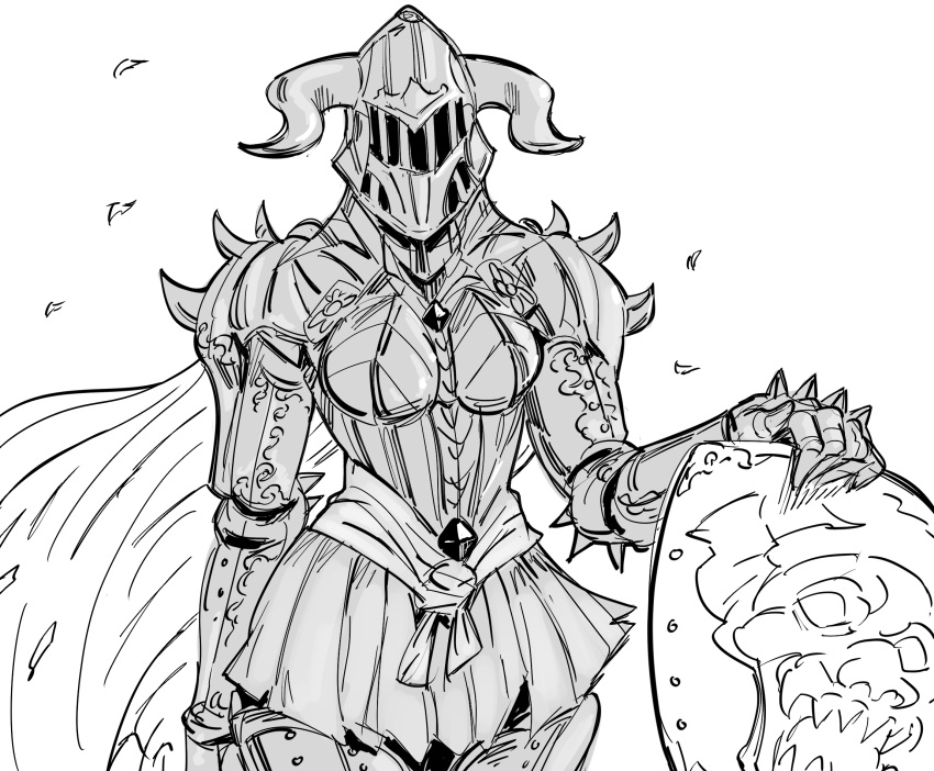 1girl armor armored_dress bb_(baalbuddy) boobplate breastplate cape cowboy_shot facing_viewer full_armor gauntlets greyscale helmet highres monochrome original pleated_skirt shield shoulder_spikes simple_background skirt solo spikes standing white_background