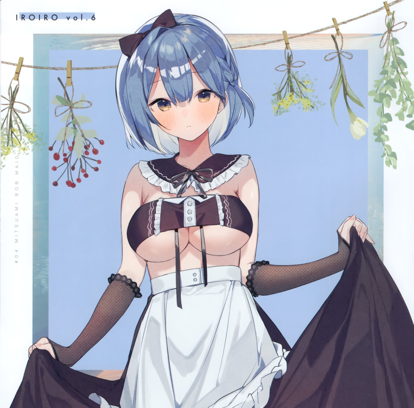 1girl absurdres apron arm_warmers armpit_crease bandeau bare_shoulders black_skirt blue_hair blush bow breasts brown_eyes cona_kinaco cowboy_shot detached_collar flower frills hair_bow highres large_breasts long_skirt looking_at_viewer maid maid_apron original scan short_hair skirt skirt_hold solo under_boob waist_apron