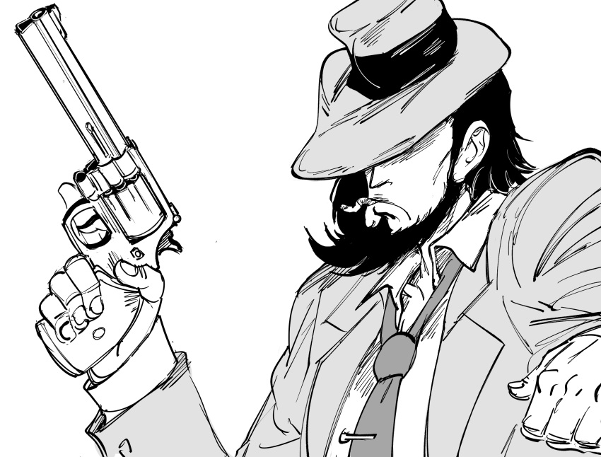 1boy bb_(baalbuddy) beard cigarette closed_mouth coat collared_shirt covered_face facial_hair facing_viewer frown greyscale gun hand_up handgun hat highres holding holding_gun holding_weapon jigen_daisuke long_sleeves lupin_iii male_focus medium_hair monochrome mouth_hold necktie open_clothes open_coat revolver shirt simple_background solo trigger_discipline upper_body weapon white_background wing_collar