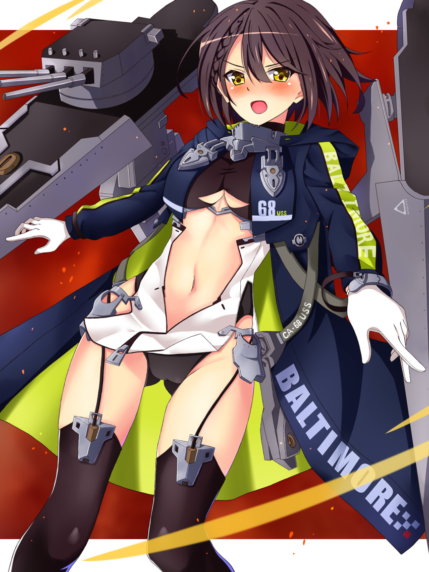 1girl :o ass_visible_through_thighs azur_lane baltimore_(azur_lane) bangs black_legwear black_panties blue_coat blush border braid breasts brown_hair center_opening character_name coat collar commentary_request cowboy_shot dress eyebrows_visible_through_hair faulds french_braid garter_straps gloves groin hair_between_eyes highres hood hood_down hooded_coat large_breasts long_sleeves looking_at_viewer machinery midriff midriff_cutout multicolored_coat navel number open_clothes open_coat panties red_background rigging sebunsu short_hair side_slit sidelocks sleeveless sleeveless_dress solo standing thigh-highs turret under_boob underboob_cutout underwear white_border white_dress white_gloves wind wind_lift yellow_eyes zipper zipper_pull_tab