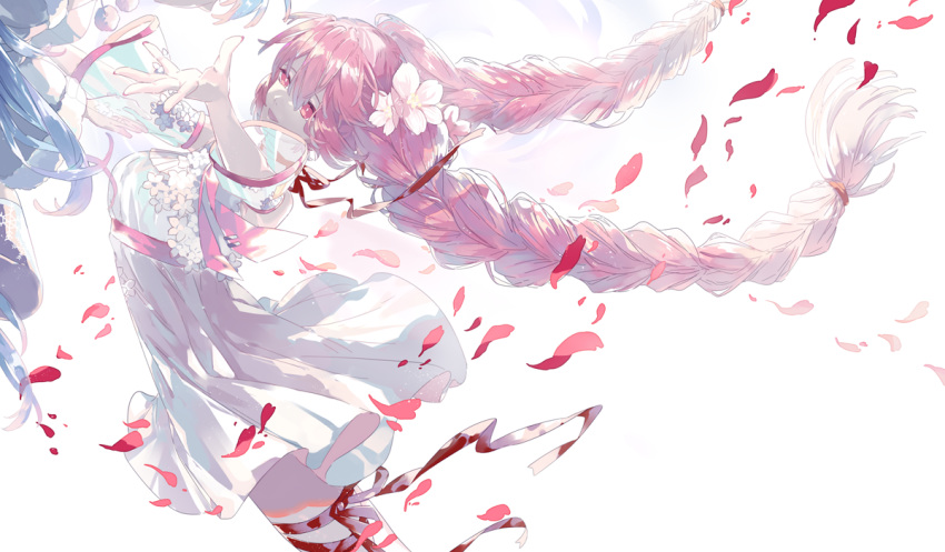 2girls blue_hair blue_sleeves braid cherry_blossoms commentary cowboy_shot detached_sleeves dress dress_flower dual_persona falling_petals flower fur-trimmed_sleeves fur_trim hair_flower hair_ornament hair_tie hatsune_miku imminent_hug long_hair multiple_girls open_mouth oriichi out_of_frame outstretched_arm petals pink_eyes pink_hair ribbon sakura_miku smile snowflake_print thigh-highs thigh_ribbon twin_braids twintails very_long_hair vocaloid white_background white_dress white_sleeves yuki_miku