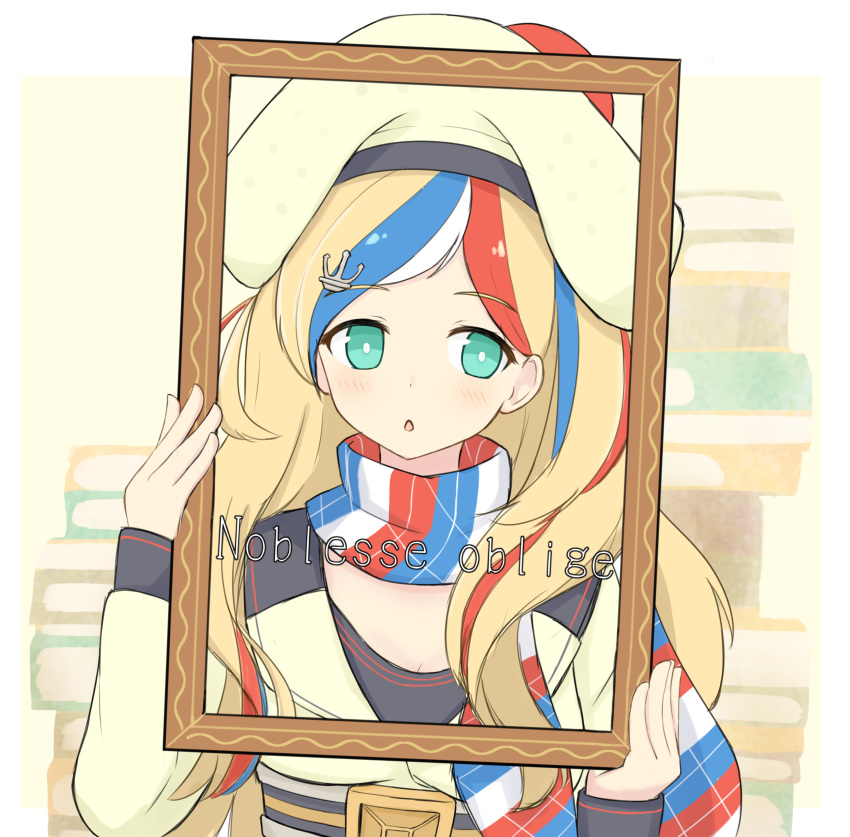 1girl absurdres beret blonde_hair blue_hair commandant_teste_(kantai_collection) double-breasted dress french_flag french_text hat highres kantai_collection long_hair looking_at_viewer multicolored multicolored_clothes multicolored_hair picture_frame plaid plaid_scarf pom_pom_(clothes) redhead scarf shonasan solo streaked_hair wavy_hair white_hair