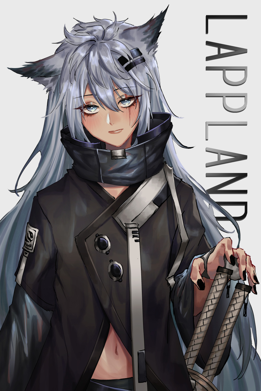 1girl absurdres animal_ears arknights bangs black_jacket black_nails blush character_name commentary eyebrows_visible_through_hair grey_background grey_eyes hair_between_eyes hair_ornament hairclip high_collar highres jacket kurisustinah lappland_(arknights) lips long_hair long_sleeves looking_at_viewer nail_polish navel scar scar_across_eye silver_hair simple_background solo sword upper_body very_long_hair weapon wide_sleeves wolf_ears