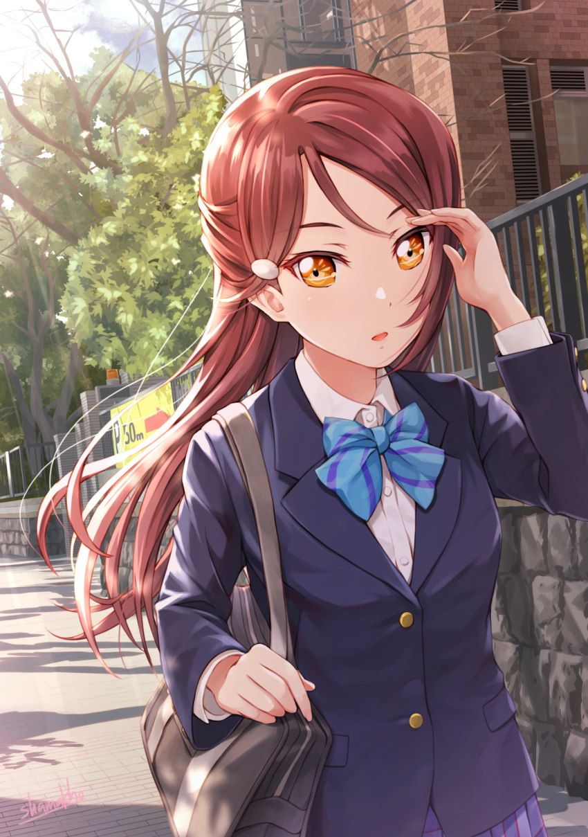 1girl :0 adjusting_hair bag bangs blue_jacket blue_neckwear blue_skirt blue_sky blush bow bowtie building fence hair_ornament hairclip highres jacket long_hair long_sleeves looking_at_viewer love_live! love_live!_sunshine!! open_mouth outdoors parted_bangs pleated_skirt redhead sakurauchi_riko school_bag school_uniform shamakho shirt sign signature skirt sky solo stone_wall tree tree_branch upper_body wall white_shirt yellow_eyes