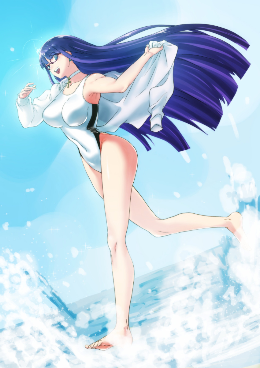 1girl aoba_(smartbeat) barefoot bespectacled blue_eyes blue_sky breasts choker cross fate/grand_order fate_(series) glasses highres jacket large_breasts long_hair ocean one-piece_swimsuit purple_hair removing_jacket running saint_martha sky solo splashing swimsuit very_long_hair water white_choker white_jacket white_swimsuit