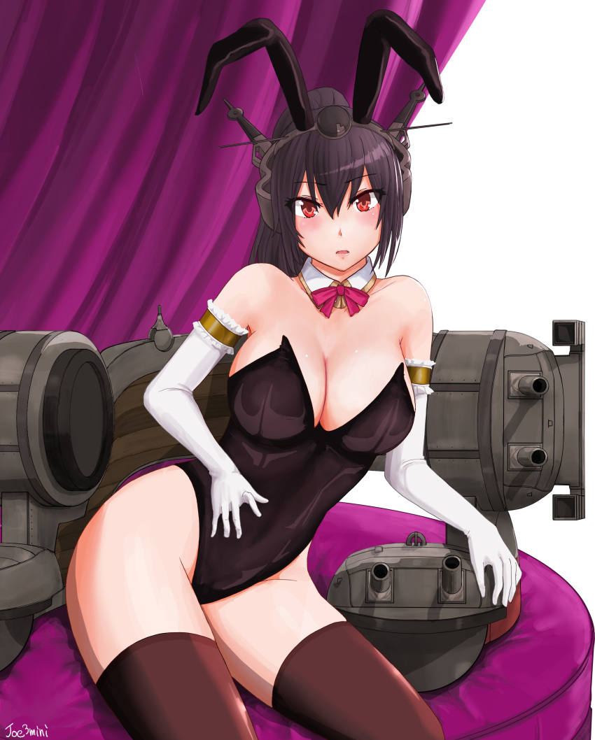 1girl absurdres alternate_costume alternate_hairstyle animal_ears black_hair black_legwear bunnysuit cannon commentary_request cowboy_shot curtains detached_collar elbow_gloves gloves headgear highres jousanrou kantai_collection long_hair looking_at_viewer machinery nagato_(kantai_collection) neck_ribbon pink_ribbon ponytail rabbit_ears red_eyes ribbon sitting solo thigh-highs white_gloves