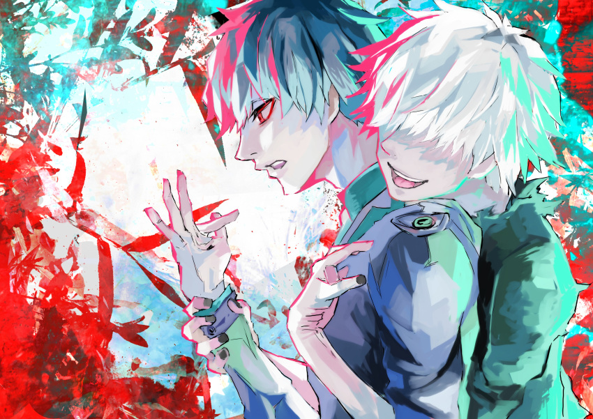2boys :d absurdres alternate_color bangs black_nails dual_persona green_shirt grey_hair hair_over_eyes hands_up highres holding_another's_wrist hug hug_from_behind jacket kaneki_ken kyuuba_melo multicolored_hair multiple_boys pale_skin pink_hair red_background red_eyes sasaki_haise shirt short_hair smile teeth tokyo_ghoul upper_body upper_teeth white_background