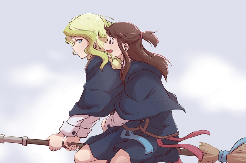 2girls blonde_hair blue_eyes blue_sash blue_sky broom broom_riding brown_hair clouds cloudy_sky diana_cavendish flying hug hug_from_behind kagari_atsuko little_witch_academia long_hair looking_at_another luna_nova_school_uniform multicolored_hair multiple_girls red_eyes red_sash sash school_uniform sky tonton_(mathcaca24) two-tone_hair uniform wavy_hair yuri