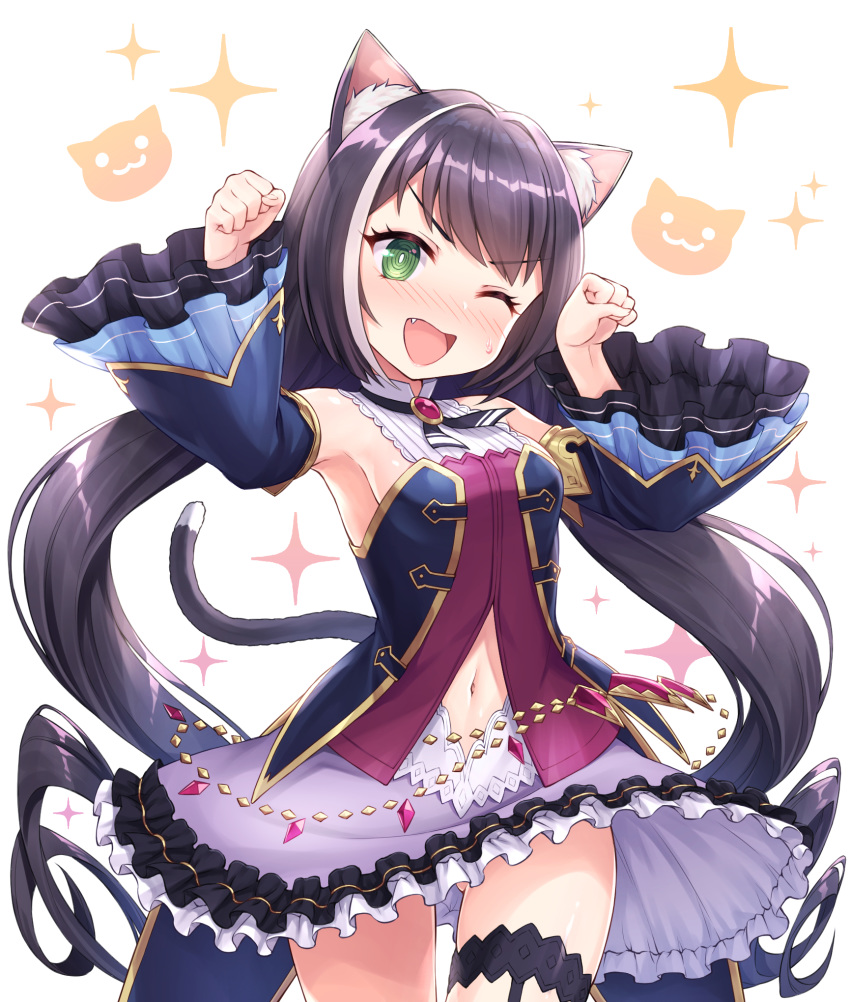 1girl ;d animal_ears bangs bare_shoulders black_hair black_sleeves blush breasts cat_ears cat_girl cat_tail commentary_request detached_sleeves eyebrows_visible_through_hair fang frilled_skirt frills hands_up head_tilt highres kyaru_(princess_connect) long_hair long_sleeves looking_at_viewer low_twintails multicolored_hair navel nose_blush one_eye_closed open_mouth princess_connect! princess_connect!_re:dive purple_skirt shirt simple_background skirt sleeveless sleeveless_shirt small_breasts smile solo sparkle streaked_hair sweat tail tail_raised tomo_(user_hes4085) twintails v-shaped_eyebrows very_long_hair white_background white_hair white_shirt wide_sleeves