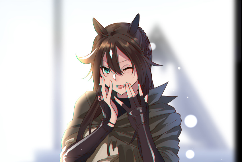 1girl animal_ears arknights black_gloves blue_eyes blush braid brown_hair cloak crown_braid elbow_gloves fingerless_gloves gloves hair_between_eyes hair_flaps hands_on_own_face highres horse_ears light_particles long_hair looking_at_viewer meteor_(arknights) one_eye_closed open_mouth shijie_jianfa shirt smile solo turtleneck upper_body