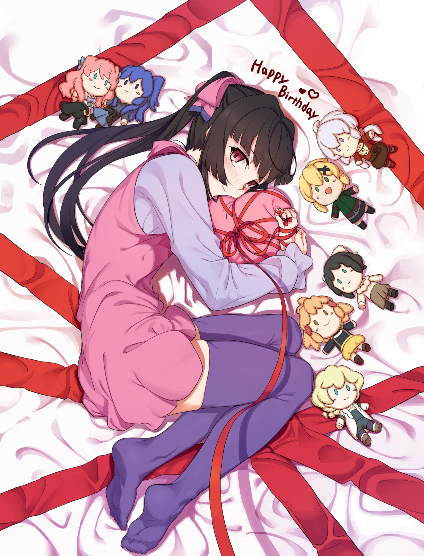 1girl absurdres akatsuki_kirika black_hair character_doll dress elfnein happy_birthday highres kazanari_tsubasa kohinata_miku lying maria_cadenzavna_eve mokutan_mmmm no_shoes on_bed on_side pink_eyes purple_legwear ribbon senki_zesshou_symphogear smile tachibana_hibiki_(symphogear) thigh-highs tsukuyomi_shirabe twintails yukine_chris