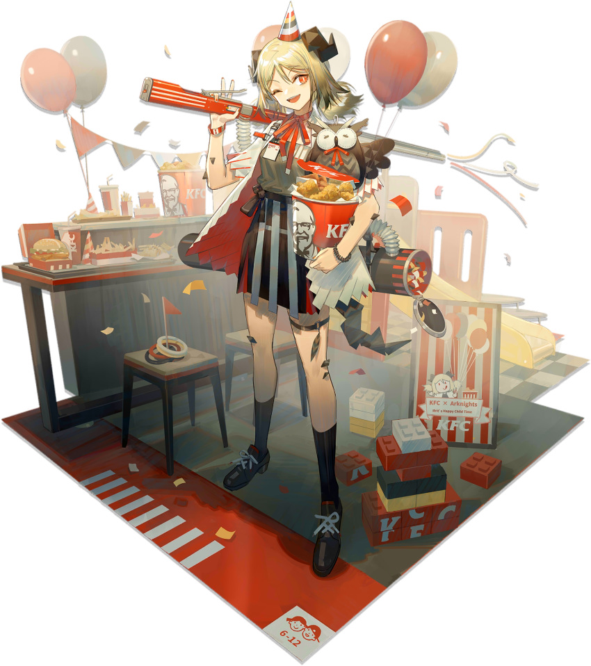 1girl ;d arknights balloon bangs black_footwear black_legwear black_skirt blonde_hair bucket bucket_of_chicken choker colonel_sanders confetti cup disposable_cup eyebrows_visible_through_hair food fried_chicken full_body hamburger hand_up hat head_tilt highres holding holding_bucket horns ifrit_(arknights) kfc kneehighs looking_at_viewer nail_polish norizc official_art one_eye_closed open_clothes open_mouth open_shirt party_hat red_choker red_eyes red_nails red_ribbon ribbon ribbon_choker shadow shirt shoes short_hair short_sleeves skirt smile solo standing stool stuffed_animal stuffed_owl stuffed_toy thigh_strap transparent_background white_shirt