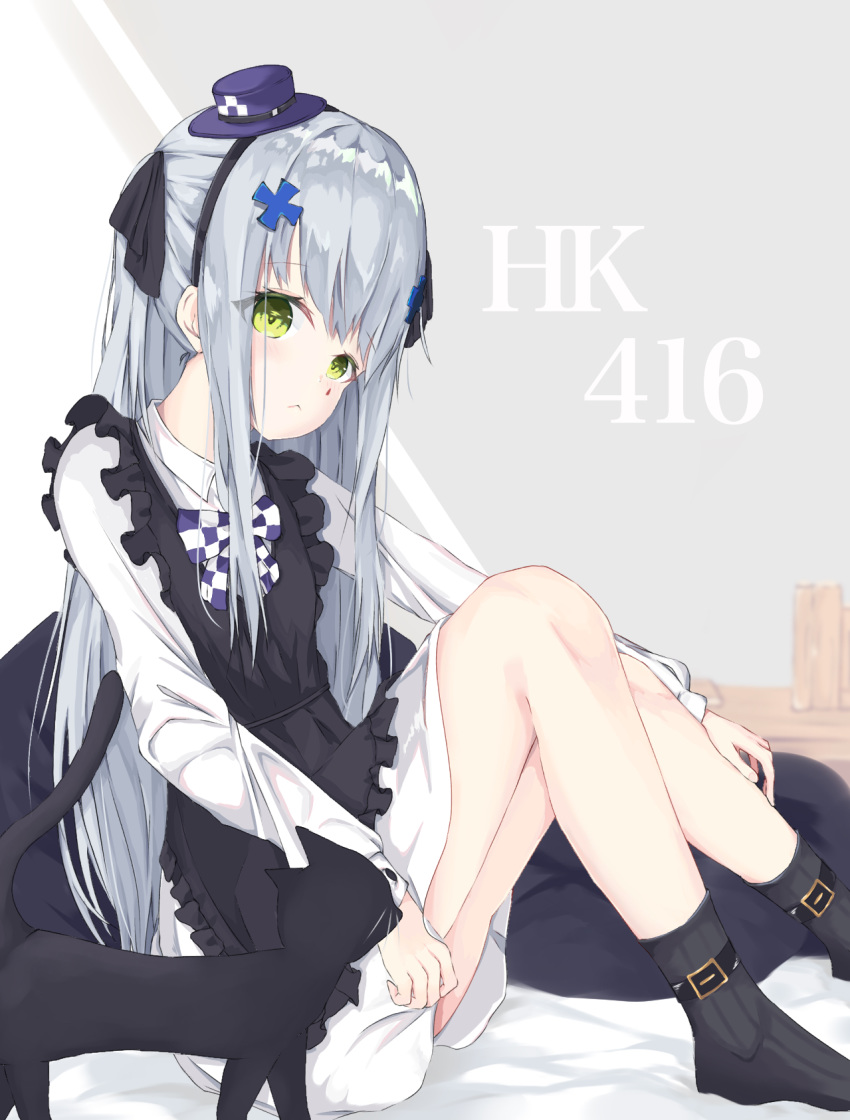 1girl :&lt; animal apron bangs bed_sheet black_apron black_cat black_hairband black_ribbon blush bow cat character_name checkered checkered_bow closed_mouth collared_shirt commentary_request dress eyebrows_visible_through_hair facial_mark frilled_apron frills girls_frontline green_eyes grey_legwear hair_ornament hair_ribbon hairband hat highres hk416_(girls_frontline) knees_up konotuki long_hair long_sleeves mini_hat no_shoes purple_headwear ribbed_legwear ribbon shirt silver_hair sitting socks solo tilted_headwear very_long_hair white_dress