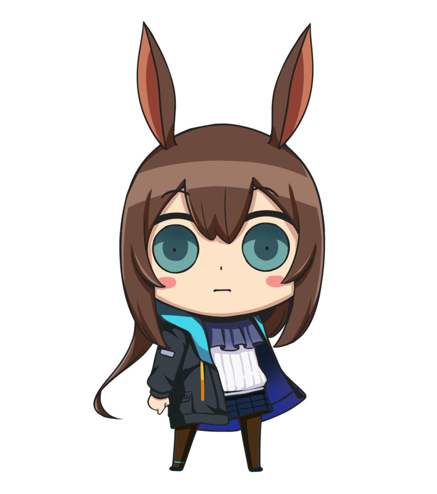 1girl amiya_(arknights) animal_ears arknights bangs black_jacket black_legwear blue_eyes blue_neckwear blue_skirt blush_stickers brown_hair chibi cowboy_shot eyebrows_visible_through_hair hair_between_eyes highres jacket long_hair long_sleeves looking_at_viewer miniskirt nestea open_clothes open_jacket pantyhose rabbit_ears riyo_(lyomsnpmp)_(style) shirt simple_background skirt solo standing white_background white_shirt