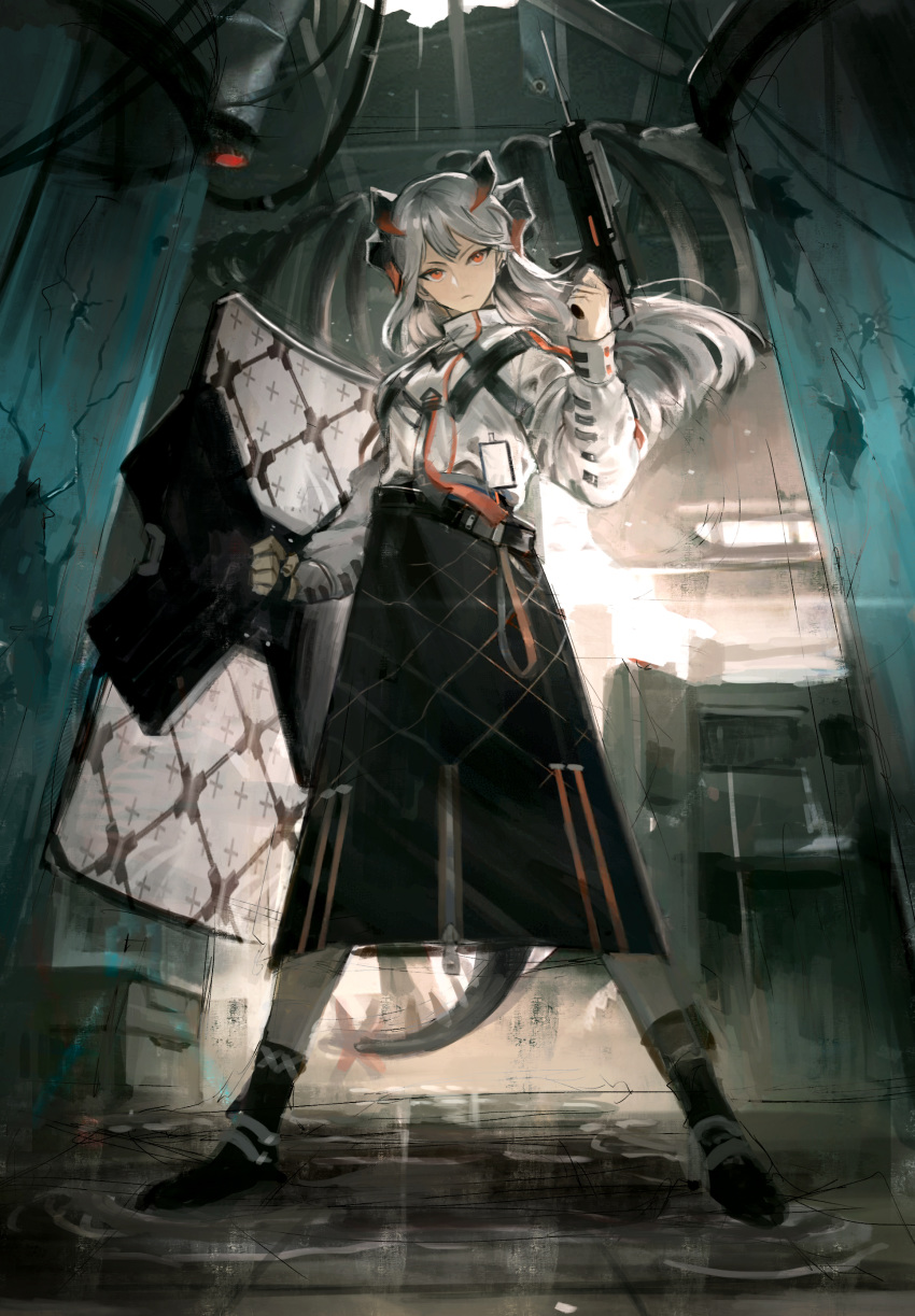1girl absurdres arknights building closed_mouth expressionless eyebrows_visible_through_hair grey_hair gun highres holding holding_gun holding_weapon horns kupikuuu looking_at_viewer red_eyes saria_(arknights) solo tail weapon