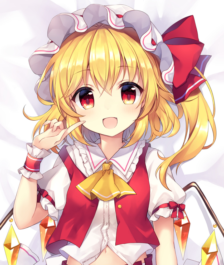 1girl bangs blonde_hair blush bow crystal dakimakura eyebrows_visible_through_hair fang flandre_scarlet frilled_shirt_collar frills hat highres index_finger_raised looking_at_viewer lying medium_hair mob_cap navel on_back one_side_up open_mouth puffy_short_sleeves puffy_sleeves red_bow red_eyes red_vest ruhika shirt short_sleeves smile solo touhou upper_body vest white_headwear white_shirt wings wrist_cuffs yellow_neckwear