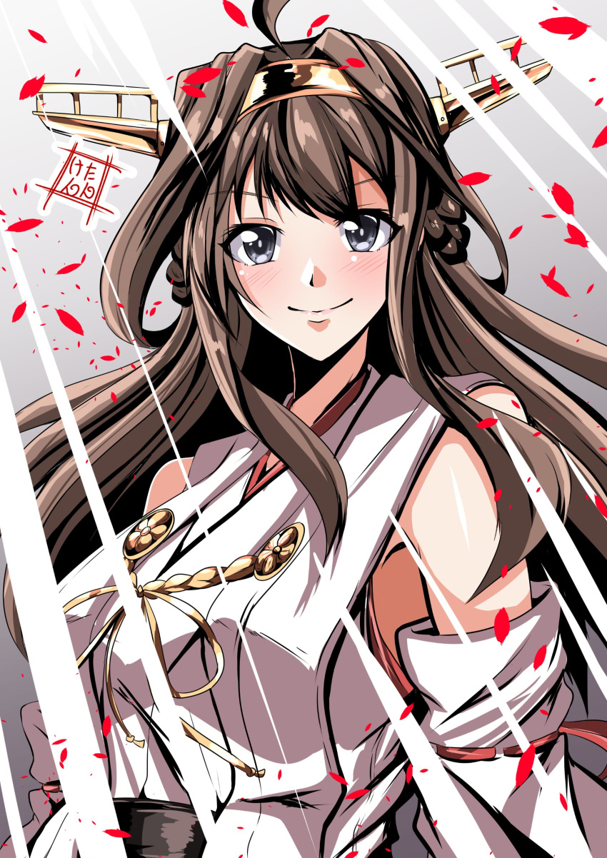 1girl absurdres ahoge artist_logo black_eyes brown_hair commentary_request detached_sleeves double_bun hairband headgear highres japanese_clothes kantai_collection kentan_(kingtaiki) kongou_(kantai_collection) light_rays long_hair looking_at_viewer petals ribbon-trimmed_sleeves ribbon_trim smile solo sunbeam sunlight upper_body