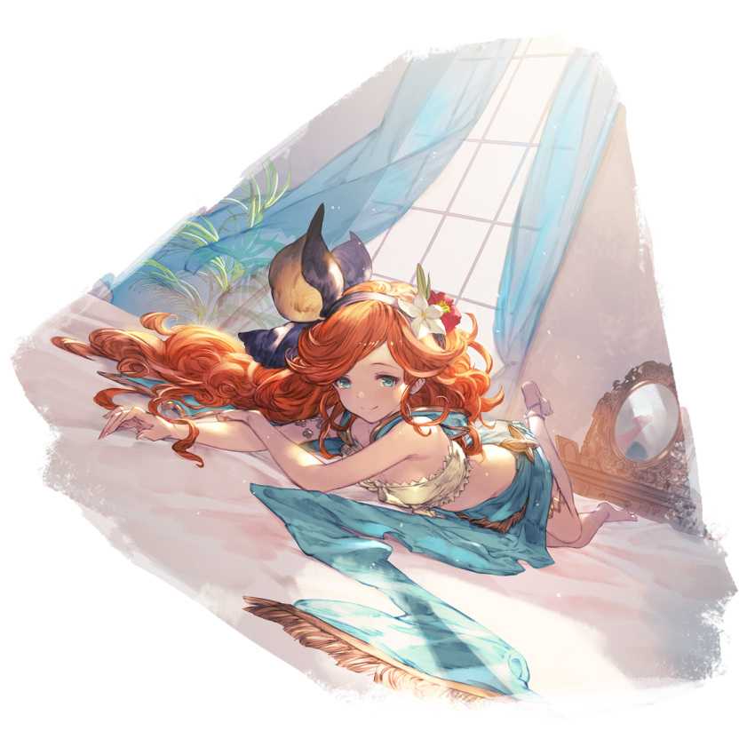 1girl bikini blue_eyes bow flower front-tie_bikini front-tie_top granblue_fantasy hair_flower hair_ornament hairband long_hair looking_at_viewer lying official_art orange_hair sara_(granblue_fantasy) sarong simple_background smile swimsuit