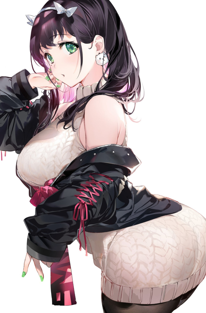 1girl ass bangs bare_shoulders black_hair black_jacket black_legwear blush breasts dress earrings green_eyes highres jacket jewelry large_breasts long_hair long_sleeves looking_at_viewer off_shoulder open_clothes open_jacket open_mouth original pantyhose simple_background solo sweater sweater_dress turtleneck_dress umibouzu_(niito) white_background white_dress