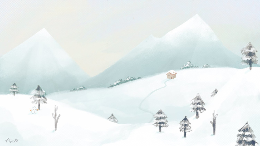 ayu_(mog) day grey_background hill house landscape mountain mountainous_horizon no_humans original outdoors road scenery signature snow snowman symbol_commentary tree winter