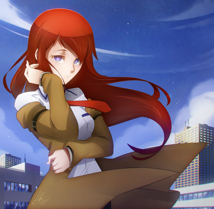 1girl absurdres adjusting_hair brown_hair city dress_shirt hand_on_own_stomach highres jacket lightartist long_hair looking_at_viewer makise_kurisu necktie open_clothes open_jacket outdoors red_neckwear shirt signature solo steins;gate violet_eyes white_shirt