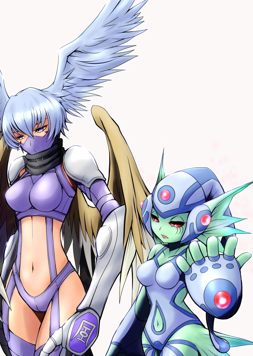 2girls bangs belt_collar bikini black_scarf blue_eyes blue_gloves blue_hair blue_headwear blue_leotard breasts claws collar collarbone commentary_request covered_mouth cowboy_shot detached_collar detached_leggings digimon elbow_gloves eyebrows_behind_hair facial_mark feathered_wings fingerless_gloves fins garter_straps gauntlets glint gloves green_skin hair_between_eyes hair_wings height_difference highres large_breasts leotard looking_to_the_side mask medium_breasts midriff mitosupa_(qsiqydfz7nesh9w) mouth_mask multiple_girls navel navel_cutout open_mouth purple_bikini purple_footwear ranamon red_sclera scarf shoulder_pads shutumon side_cutout sidelocks simple_background swimsuit thigh-highs thigh_gap white_background wings