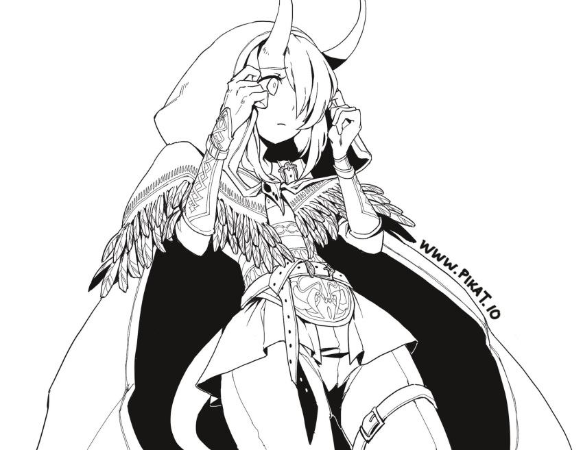 1girl belt belt_buckle bird_skull buckle cloak closed_mouth dungeons_and_dragons feather_trim greyscale hair_over_one_eye highres hood hood_up horns long_hair monochrome pikat skull solo tail thigh_strap tiefling vambraces work_in_progress