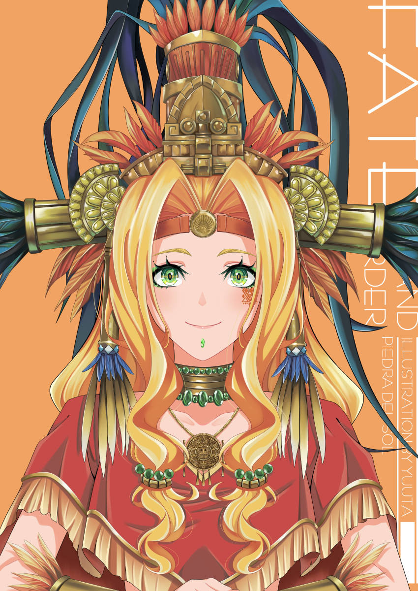 1girl absurdres aztec bangs blonde_hair bracer breasts chin_piercing closed_mouth collar copyright_name detached_collar fate/grand_order fate_(series) feathers green_eyes headband headdress highres jewelry large_breasts long_hair looking_at_viewer metal_collar necklace orange_background parted_bangs poncho quetzalcoatl_(fate/grand_order) sidelocks simple_background smile solo yuuta_(yuuta0312)