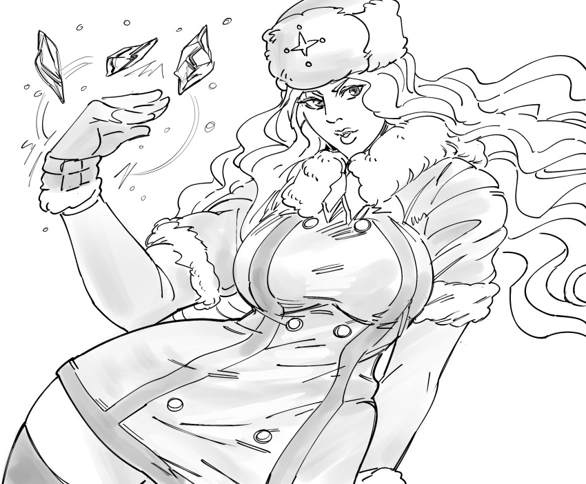1girl bb_(baalbuddy) breasts coat double-breasted floating_hair fur_trim gloves greyscale hand_up highres kolin large_breasts long_hair looking_at_viewer monochrome parted_lips short_sleeves simple_background solo street_fighter street_fighter_v thigh-highs white_background
