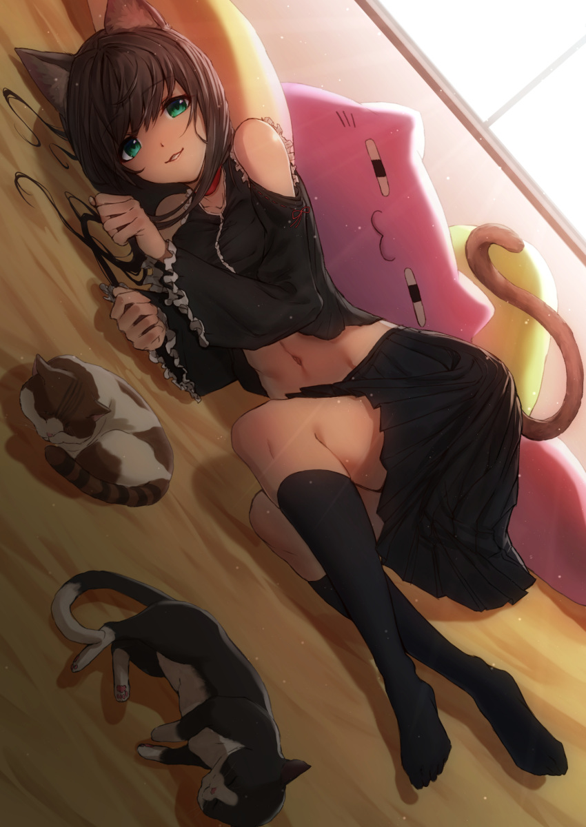 1girl :3 absurdres animal_ear_fluff animal_ears bangs black_legwear black_shirt black_skirt breasts brown_hair cat cat_ears cat_girl cat_pillow cat_tail choker commentary_request curled_up dutch_angle eyebrows_visible_through_hair frilled_shirt frilled_sleeves frills full_body green_eyes groin highres kneehighs large_breasts light_rays looking_at_viewer lying midriff mogurii navel on_bed on_side original parted_lips pillow pleated_skirt red_choker shadow shirt shoulder_cutout sidelocks skirt sleeping_animal sleeveless sleeveless_shirt smile solo_focus sunbeam sunlight tail window