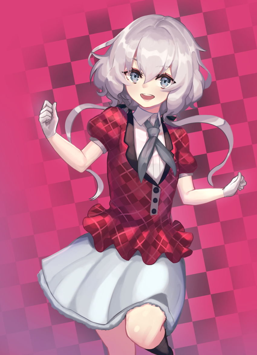 1girl absurdres black_legwear blue_eyes checkered checkered_background checkered_blouse commentary_request darutanyan1023 gloves highres idol kneehighs konno_junko layered_skirt long_hair looking_at_viewer low_twintails miniskirt open_mouth puffy_short_sleeves puffy_sleeves shirt short_sleeves skirt solo twintails white_gloves white_hair white_shirt white_skirt zombie_land_saga