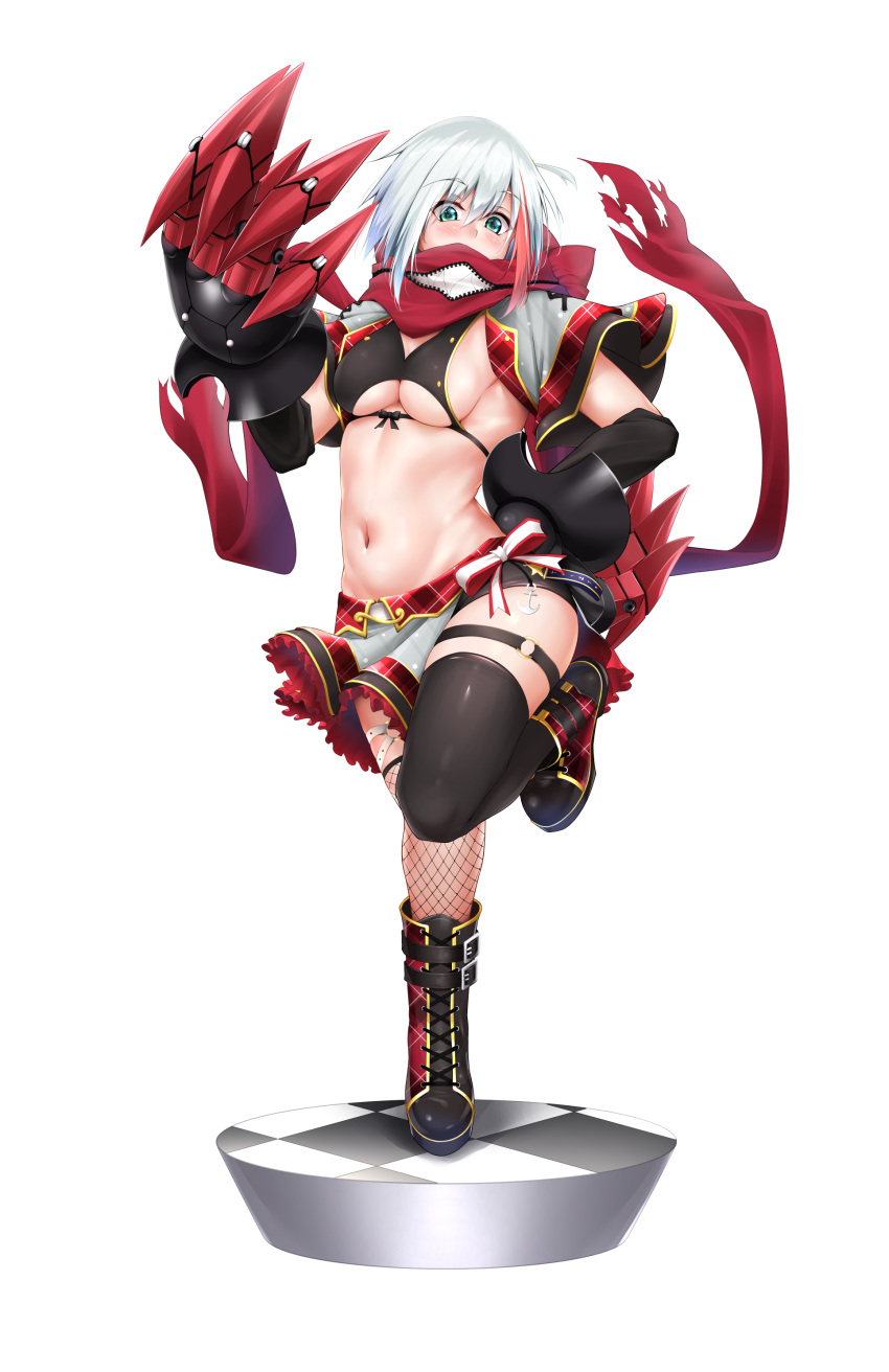 1girl absurdres admiral_graf_spee_(azur_lane) admiral_graf_spee_(ironblood_cutie)_(azur_lane) anchor_symbol aqua_eyes azur_lane bangs black_bikini_top black_footwear black_legwear black_sleeves blush boots breasts checkered checkered_floor claws commentary_request cropped_jacket cross-laced_footwear detached_sleeves eyebrows_visible_through_hair fishnet_legwear fishnets frilled_skirt frills full_body grey_jacket grey_skirt groin hair_between_eyes hand_on_hip hand_up highres idol jacket knee_boots lace-up_boots leg_belt looking_at_viewer mechanical_hands medium_breasts midriff mismatched_legwear multicolored_hair navel no_tail open_clothes open_jacket oriue_wato red_footwear red_jacket red_scarf red_skirt redhead scarf scarf_over_mouth shadow short_hair shorts shorts_under_skirt sideboob sidelocks silver_hair simple_background single_thighhigh skirt solo standing standing_on_one_leg streaked_hair tachi-e thigh-highs two-tone_footwear under_boob white_background