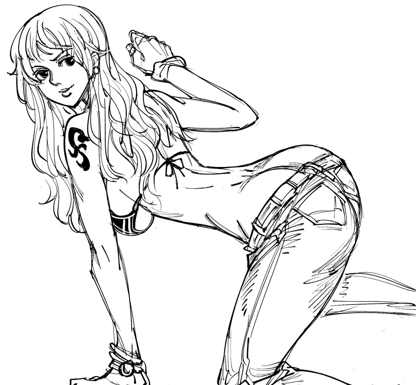 1girl all_fours bb_(baalbuddy) bikini_top closed_mouth denim from_side greyscale hand_up highres jeans long_hair looking_at_viewer looking_to_the_side monochrome nami_(one_piece) one_piece pants shoulder_tattoo simple_background smile solo tattoo white_background wristband